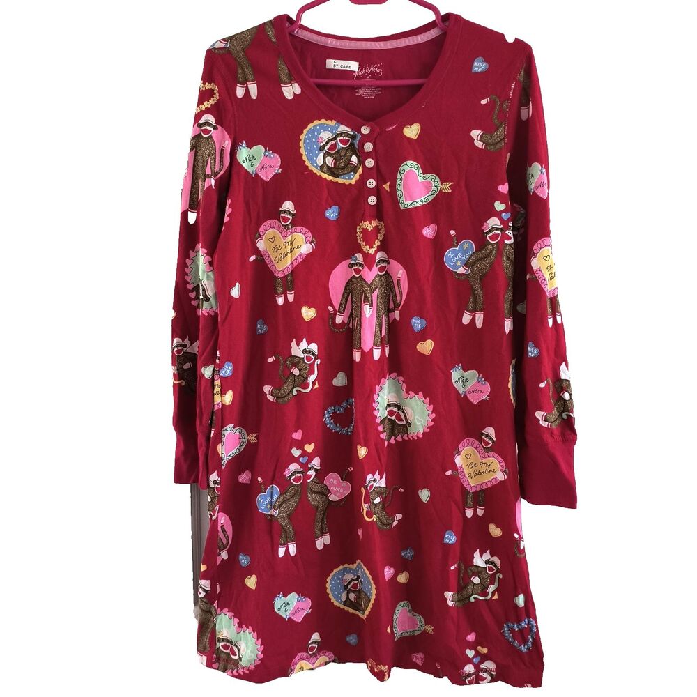 Nick & Nora Sleep Shirt M Red Sock Monkey Valentines Hearts Cozy Love Romantic